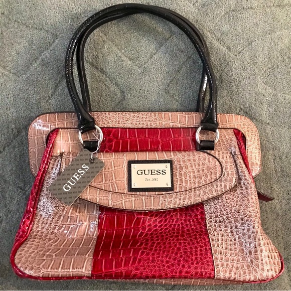 GUESS CALVINA Logo Croco Patent Leather Handbag Purse Satchel Taupe/Multi - Picture 1 of 16